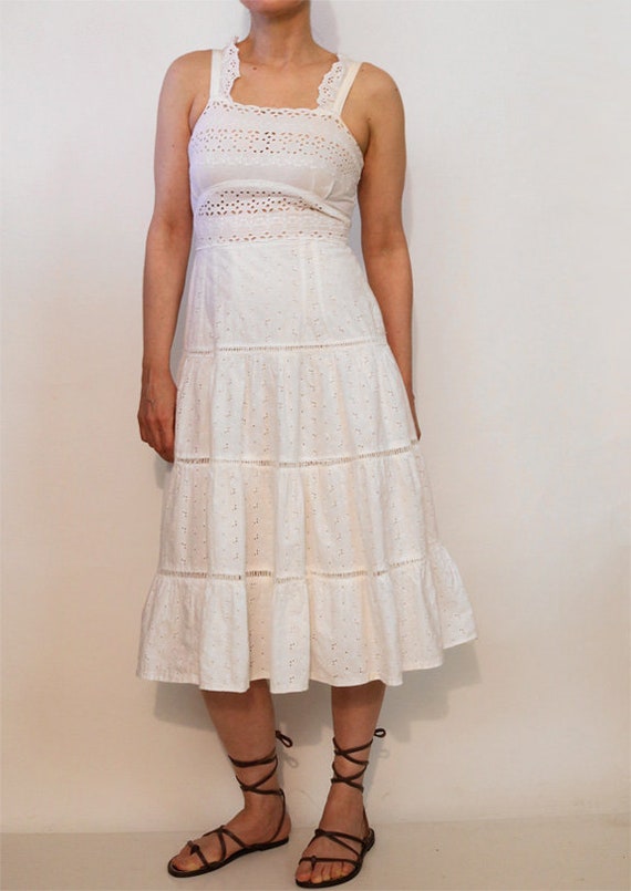 70s Broderie Anglaise White Cotton Lace Sundress … - image 4