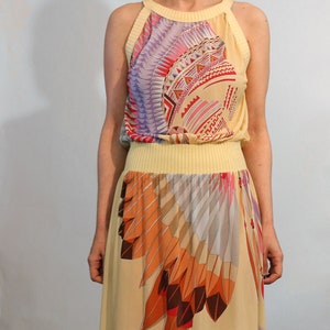 70s Italy Indian Chief Peach Gauze Dress, Vintage 1970s Native American Indian Chief with Headdress Novelty Dress, Italian Sheer Gauze Dress image 10