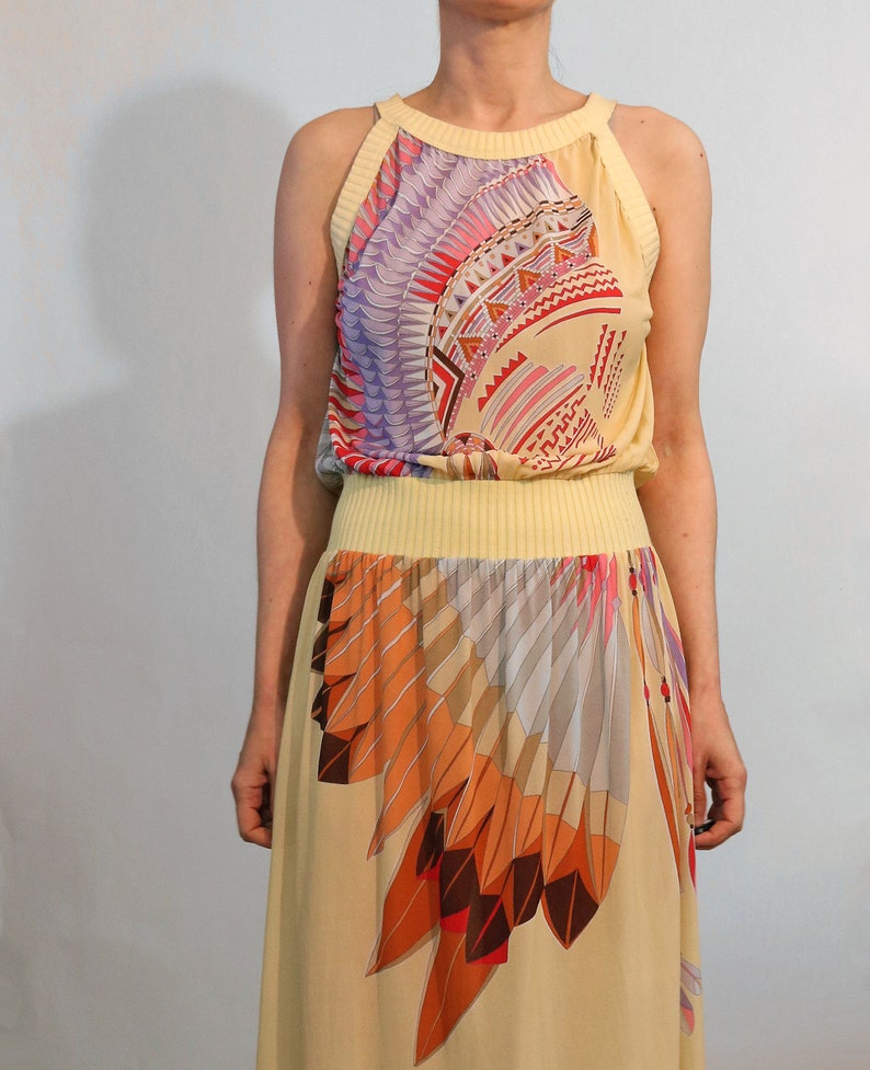 70s Italy Indian Chief Peach Gauze Dress, Vintage 1970s Native American Indian Chief with Headdress Novelty Dress, Italian Sheer Gauze Dress image 10