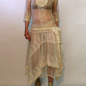 20s Crochet Lace Pixie Hem Dress , 1920s Ecru Lace Drop Waist Handkerchief Hem Dress , Antique Dress , 20s Off White Sheer Lace Dress