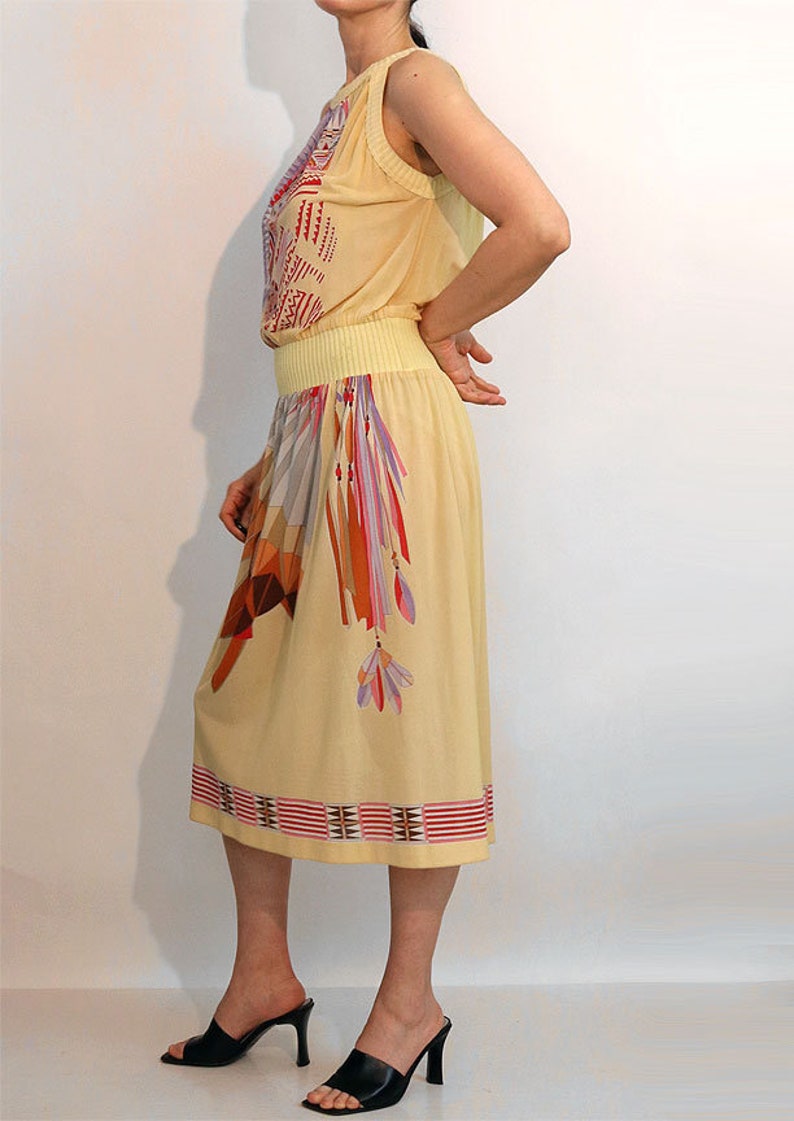 70s Italy Indian Chief Peach Gauze Dress, Vintage 1970s Native American Indian Chief with Headdress Novelty Dress, Italian Sheer Gauze Dress image 4