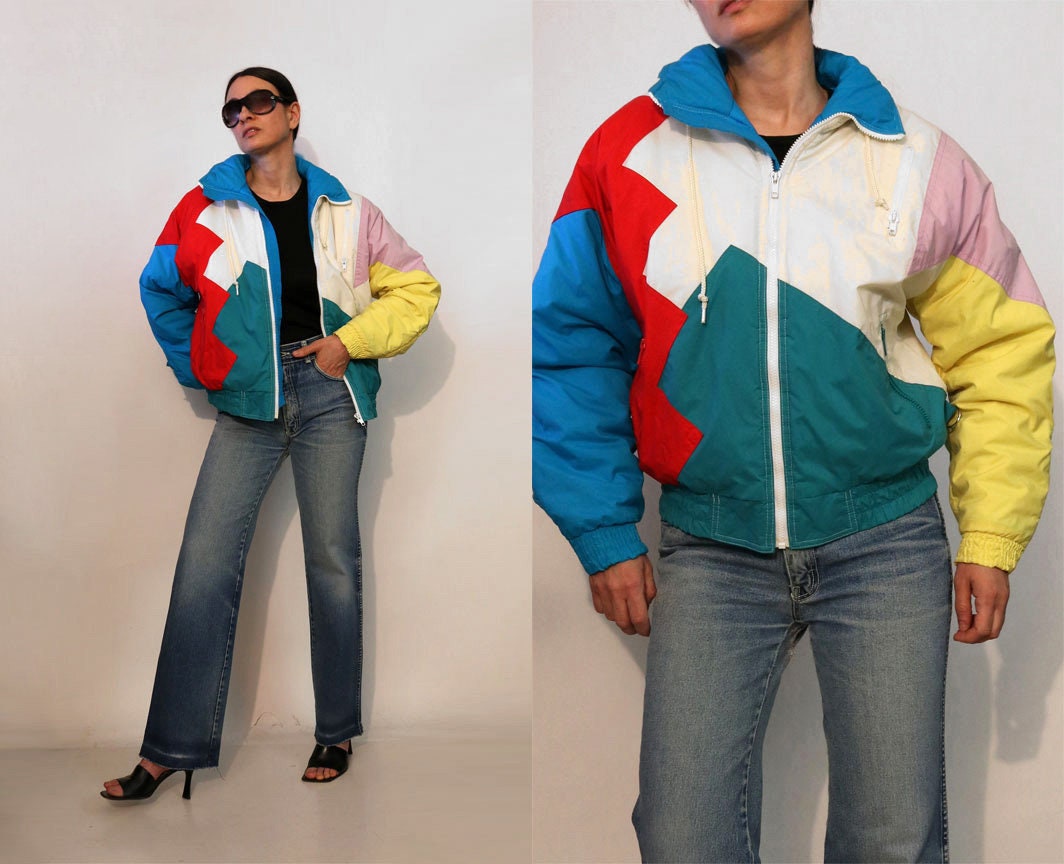 Abstract Color Block Puffer Jacket W/ Hood / Vintage 1980s Abstract Color Block Puffer Jacket W/ Hood / Vintage 1980s
