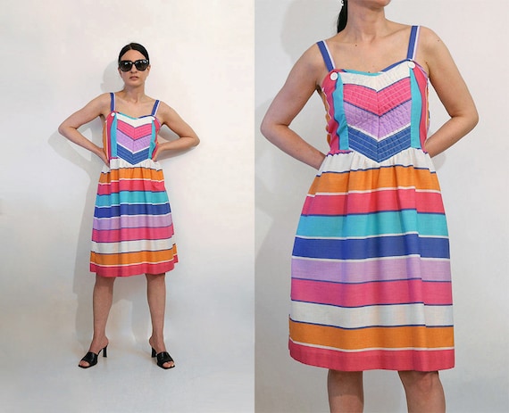 70s Rainbow Quilted Chevron Sundress / Vintage 197