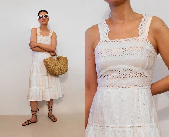 70s Broderie Anglaise White Cotton Lace Sundress … - image 1