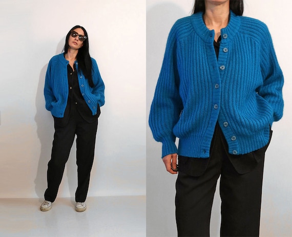 Jaeger Teal Mohair Ribbed Cardigan / Vintage 1980s
