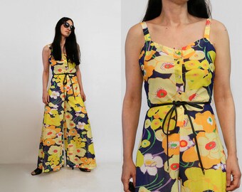 70s Christian Dior Palazzo Jumpsuit / Vintage 1970s Miss Dior Floral Wide Leg Jumpsuit / Dior Indigo Orange Red Yellow Sleeveless Jumpsuit