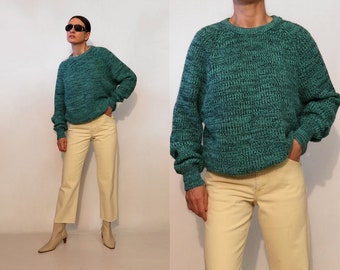 Seafoam Marled Ribbed Knit Sweater / Vintage 1980s Seafoam Green n Black Marled Oversized Knit Sweater / 80s Slouchy Green Knit Sweater