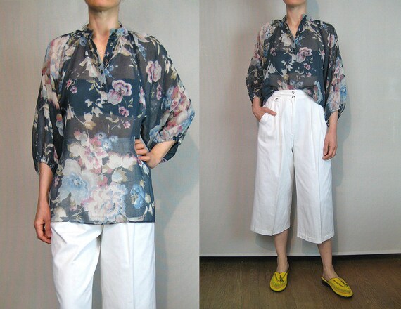 70s Sheer Cotton Gauze Peasant Blouse / Green Flor