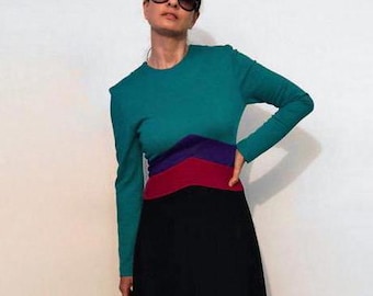 Color Block Wool Knit Dress / Vintage 1980s Black & Rainbow Colorblock Wool Knit Maxi Dress / Black Teal Magenta Purple Sweater Dress