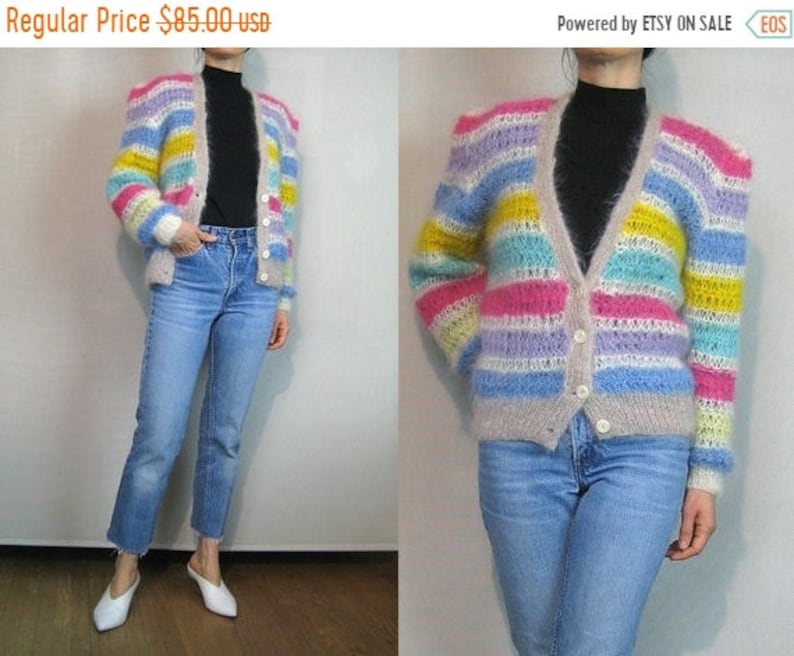 ON SALE Rainbow STRIPED Mohair Cardigan Vintage 70s 80s Handknit Mohair Angora Goat Cardigan Hand Knit Mohair Cardigan Rainbow Striped Sweat