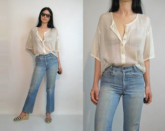 Ivory Crochet Mesh Blouse / Vintage 80s Open Weave Crochet Top / Off White Crochet Swimsuit Coverup