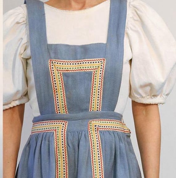 retasroses Rare 30s Rainbow Embroidered Overall Dress Vintage 20s 30s Chambray Rainbow Embroidered Ribbon Apron Dress Antique Pinafore Dress