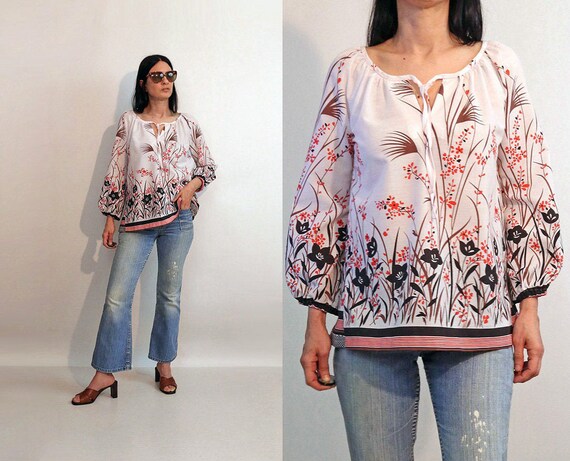 70s Riverside Floral Cotton Blouse / Vintage 1970s
