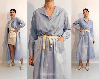 30s Sun Faded Denim Dress or Light Coat, Vintage 1920s 1930s Faded Denim Pocket Duster, Antique Pale Blue Ultra Faded and Worn Denim Dress