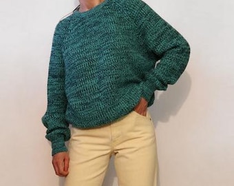 Suéter de punto acanalado jaspeado color espuma de mar / Suéter de punto extragrande jaspeado verde espuma de mar y negro vintage de los años 80 / Suéter de punto verde holgado de los años 80