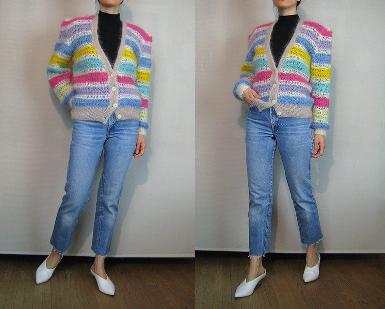 ON SALE Rainbow STRIPED Mohair Cardigan Vintage 70s 80s Handknit Mohair Angora Goat Cardigan Hand Knit Mohair Cardigan Rainbow Striped Sweat