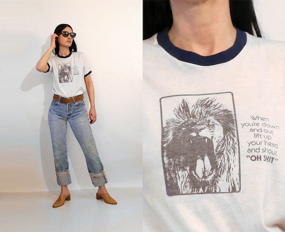 70s Down-and-Out Lion Ringer T-shirt / Vintage Thi