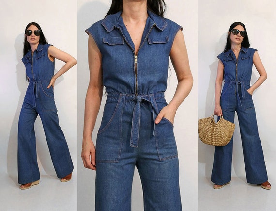 70s Zip Denim Flared Jumpsuit / Vintage 1970s Dark