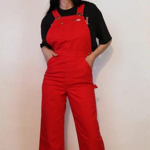 70s Cherry Lee Denim Overalls , Vintage 1970s Red Denim Vestback Overalls , Denim Suspender Jumpsuit , Red Denim Dungarees