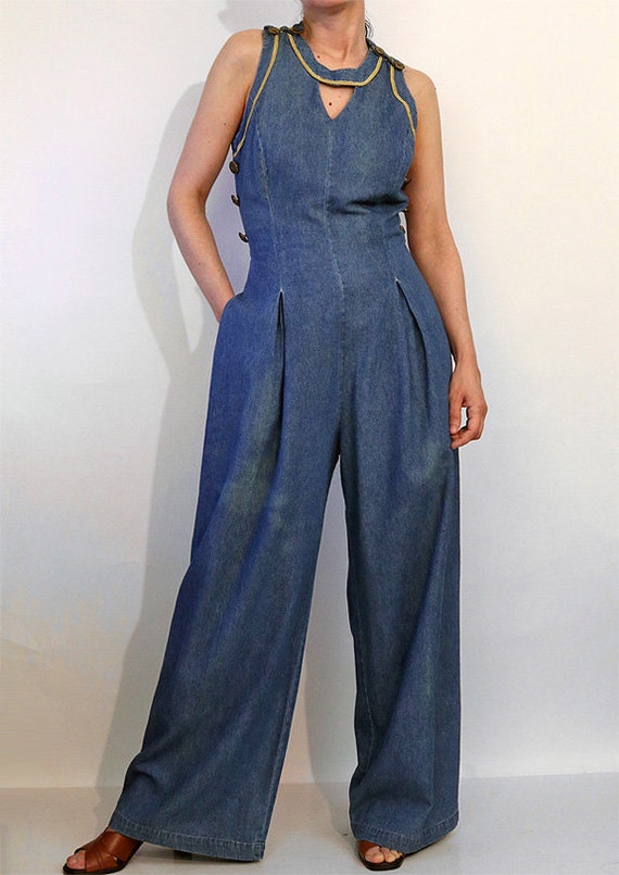 Open Back Denim Jumpsuit / Vintage 1990s Nautical… - image 3