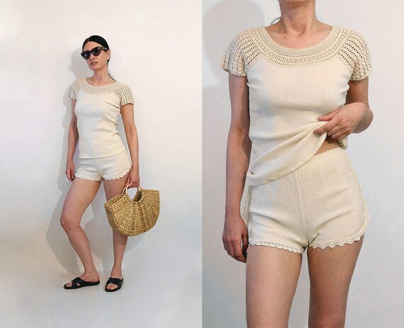 70s Crochet Lace Cotton Gauze Shorts Set / Vintage
