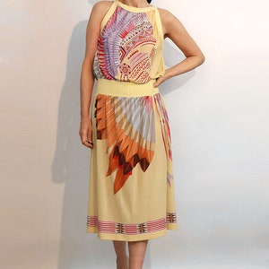 70s Italy Indian Chief Peach Gauze Dress, Vintage 1970s Native American Indian Chief with Headdress Novelty Dress, Italian Sheer Gauze Dress image 6