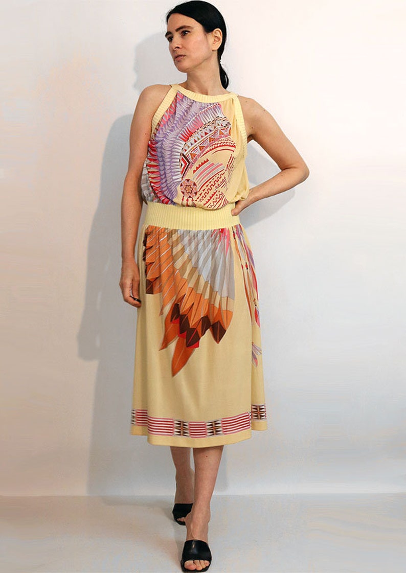 70s Italy Indian Chief Peach Gauze Dress, Vintage 1970s Native American Indian Chief with Headdress Novelty Dress, Italian Sheer Gauze Dress image 6