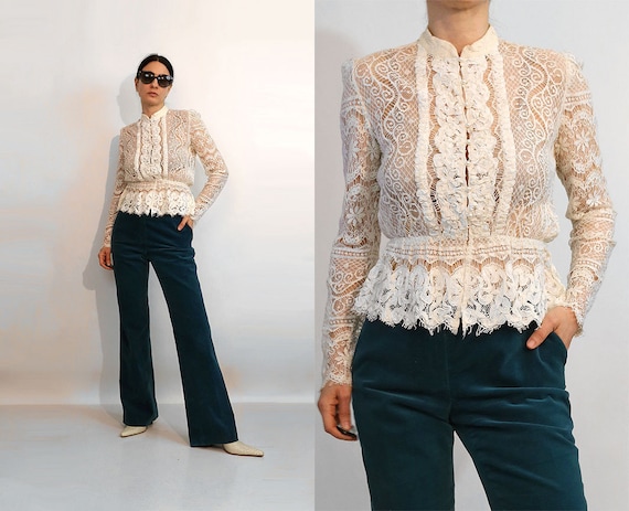 Crochet Cotton Lace Blouse / Vintage 1970s White C