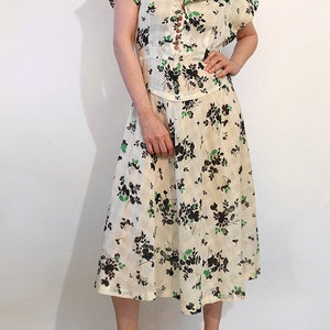 30s White Floral Cotton Gauze Dress / Vintage 1930s 1940s White Green Black Floral Shirtwaist Dress image 5