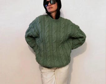 Sage Mohair Cable Knit Long Sweater or Dress / Vintage 1970s 1980s Sage Green Oversized Chunky Mohair Wool Hand Knit Sweater or Mini Dress