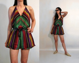 Rainbow Cotton Open Back Romper with Ruffled Hem, Multicolored Chevron Striped Halter Neck Romper, Ruffles Rainbow Romper