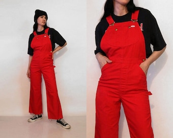 70s Cherry Lee Denim Overalls / Vintage 1970s Cherry Red Lee Denim Vestback Overalls / Red Lee Denim Suspender Dungaree Jumpsuit