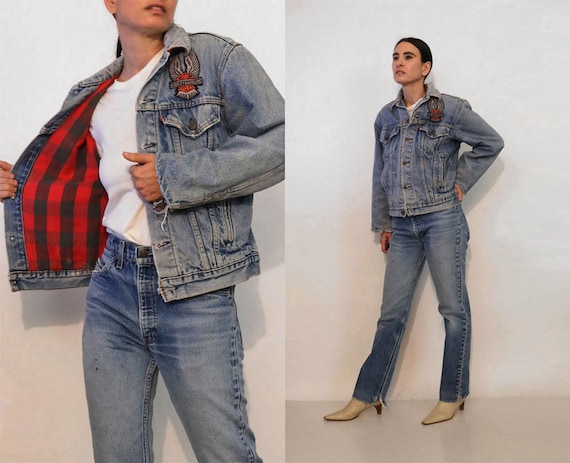 Plaid Lined Harley Levi's Jean Jacket / Vintage 1980s Faded Worn