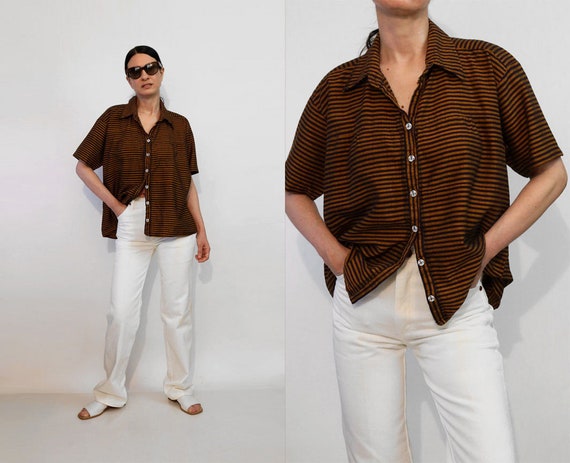 Russet n Indigo Cotton Striped Shirt / Vintage '8… - image 1