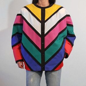 Margeurite Rubel Rainbow Cotton Coat , Vintage 1980s Rainbow Chevron Jacket , Multi-colored Striped Jacket , Patchwork Coat