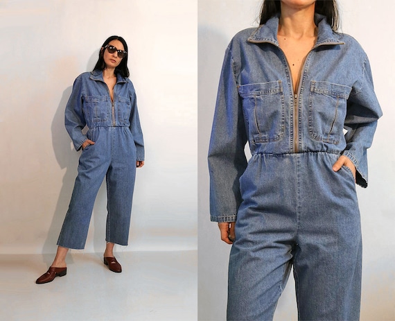 Zip Denim Jumpsuit / Vintage 1970s 1980s Zip Up De