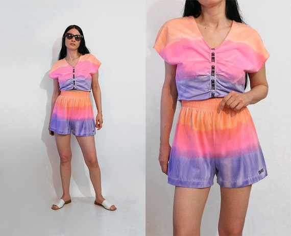 Sorbet Colorblock Cotton 2 Pc Shorts Set / Vintag… - image 1