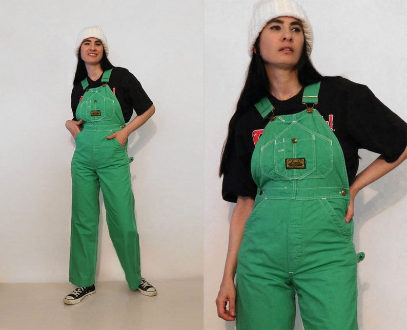 60s Kelly Green Sanforized Denim Overalls 1960s 1970s Washington Dee Cee Green Denim Vestback Overalls Green Denim Dungaree Jumpsuit