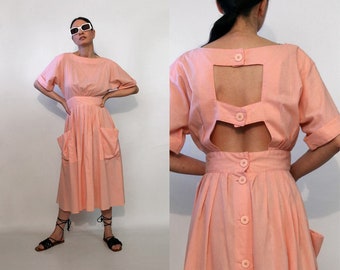 Sunset Peach Open Back Cotton Dress / Vintage 1980s Peach Cut Out Back Dress with Patch Pockets