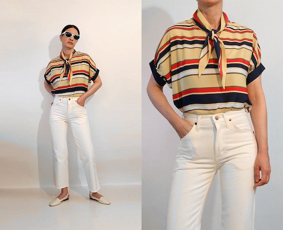 French Striped Silk Ascot Blouse / Vintage 1980s R