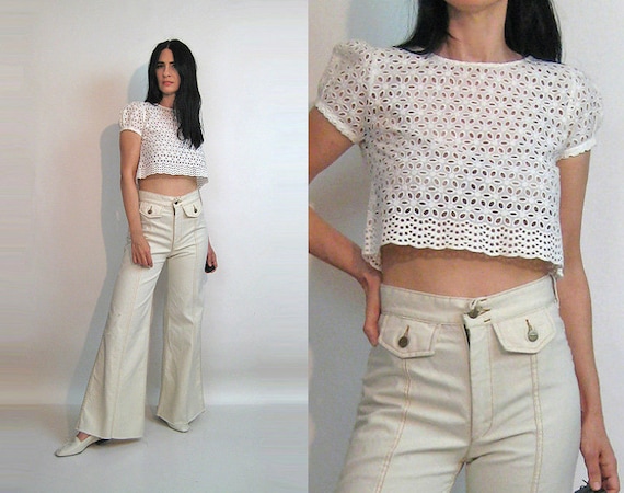 Cropped Embroidered Eyelet Lace Top / Vintage 1980