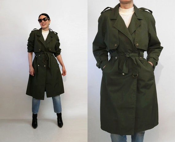 Khaki Green Caped Trench Coat / Vintage 1980s Dark
