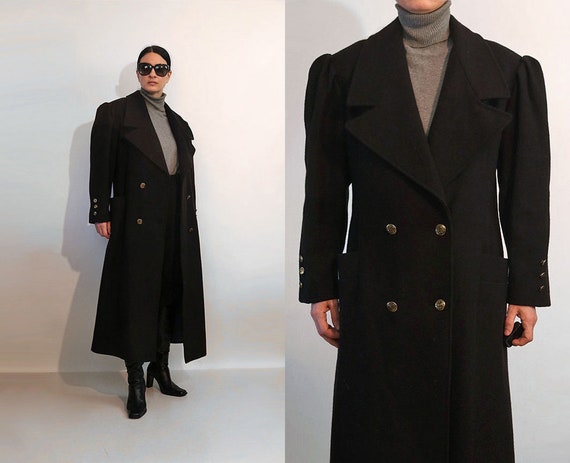 Puffed Sleeve Wool Coat / Vintage 1980s Double Bre