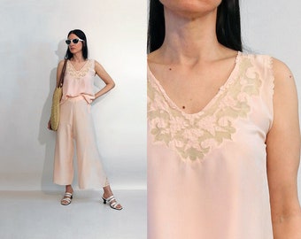 40s Peach Silk Lounge Set, Vintage 1940s Pastel Orange Crochet Lace Pajamas, Silk Pants and Sleeveless Blouse 2 Piece Set