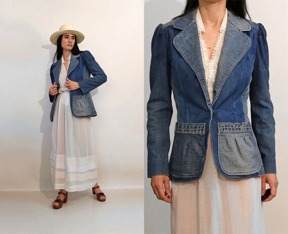70s Puffed Slv Patchwork Denim Blazer / Vintage 19
