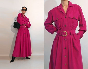 Vivid Magenta Corduroy Shirt Dress, Vintage 1980s Fine Wale Cotton Corduroy Button Down Maxi Dress with Matching Belt