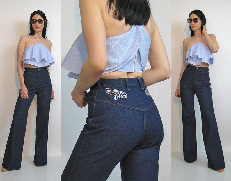 70s Embroidered Indigo Bellbottoms 25.5x34 Vintage 25.5 26 Waist Jeans Dark Dark Wash Indigo Floral Embroidered Flared Jeans