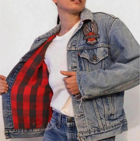 Plaid Lined Harley Levi's Denim Jacket , Vintage 1980s Faded Plaid Lined Harley Levi's Denim Jacket , Vintage 1980s Faded