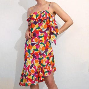 Hanae Mori Rainbow Fruit Cotton Sundress , Vintage 1980s Japanese Designer Novelty Fruit Print Dress , Asymmetrical Ruffled Dress