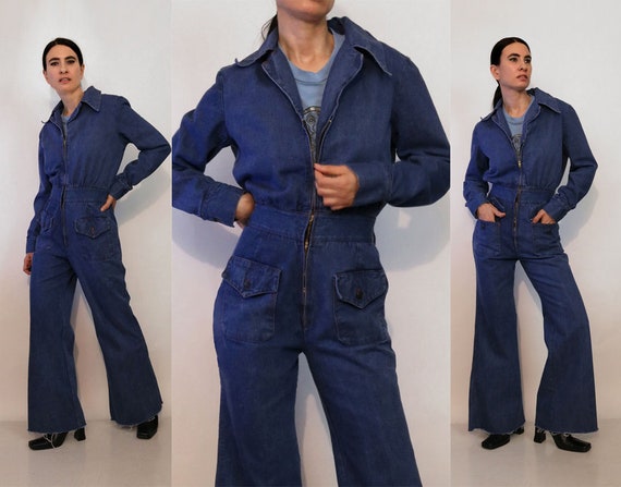 70s Zip Up Dark Indigo Denim Jumpsuit